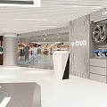 Modern Car Showroom With Glass Facade Bar Counter And Car