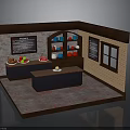 Cafe Display Model Interior With Counter Shelves Menu Board Coffee Cups And Brick Wall