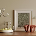 Stylish Decorative Ornament Set With Vase Framed Art Fruit Tray And Lamp On Wooden Table