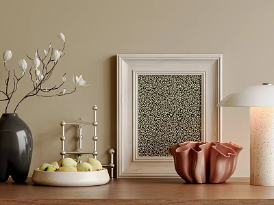 Stylish Decorative Ornament Set With Vase Framed Art Fruit Tray And Lamp On Wooden Table 3d model