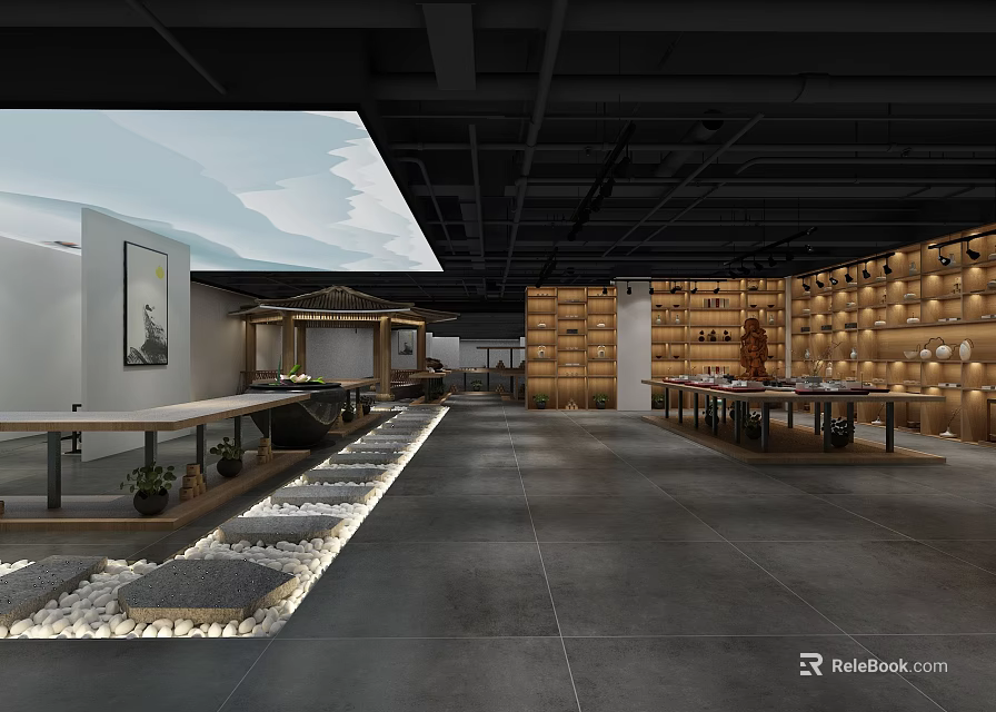 Modern Interior Display Space With Wooden Shelves Long Tables And Stone Decorative Floor 3d model 
