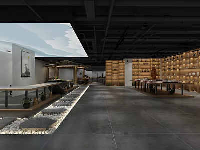 Modern Interior Display Space With Wooden Shelves Long Tables And Stone Decorative Floor 3d model