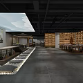 Modern Interior Display Space With Wooden Shelves Long Tables And Stone Decorative Floor