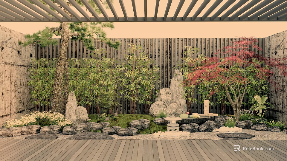 Serene Courtyard Garden Design With Wooden Pergola Bamboo Rocks And Red Maple Tree 3d model 