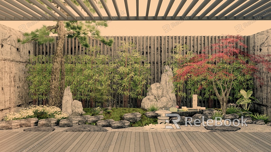 New Chinese Courtyard Zen Landscape Courtyard Landscape Sist Buddha Statues Stone Lantern Pohan Pine Red Maple Bamboo model