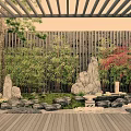 Serene Courtyard Garden Design With Wooden Pergola Bamboo Rocks And Red Maple Tree