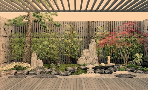 New Chinese Courtyard Zen Landscape Courtyard Landscape Sist Buddha Statues Stone Lantern Pohan Pine Red Maple Bamboo 3d model