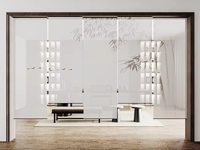 Modern Minimalist Interior With Glass Door Bamboo Leaves Sofa And Lighting 3d model