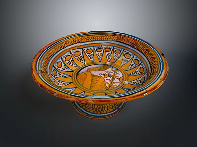 Colorful Carved Ceramic Pedestal Bowl With Intricate Patterns And Central Figural Design 3d model