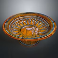 Colorful Carved Ceramic Pedestal Bowl With Intricate Patterns And Central Figural Design