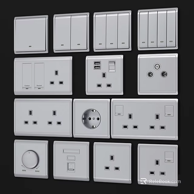 White Electrical Switch Panels Various Types With Sockets And USB Ports 3d model