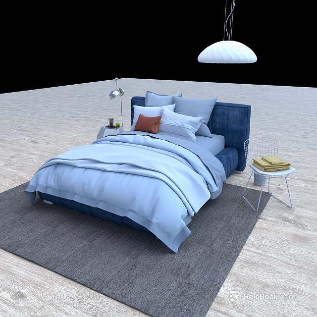 Double Bed with Blue Bedding Multiple Pillows Side Nightstand and White Pendant Light 3d model