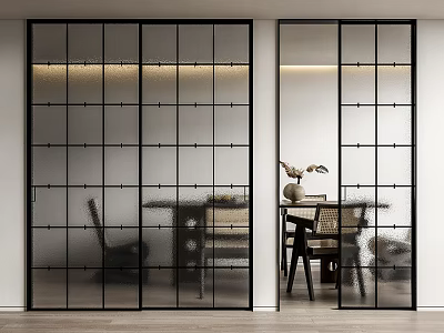 Modern Black Frame Glass Sliding Doors With Grid Design In Dining Room Interior 3d model