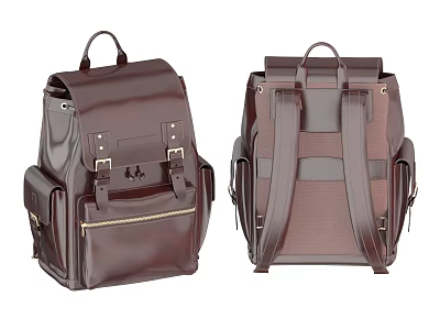Brown Leather Backpack With Multiple Pockets Metal Buckles And Mesh Straps 3d model