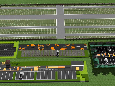 Detailed Parking Lot Layout With Decorative Orange Circles And Green Belts 3d model