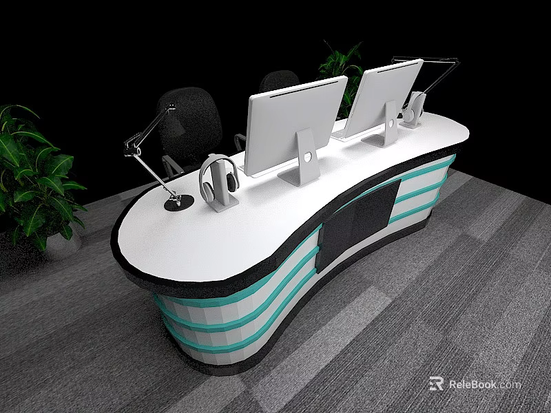 Modern Office Desk With Two Monitors Office Chair And Green Plants 3d model 