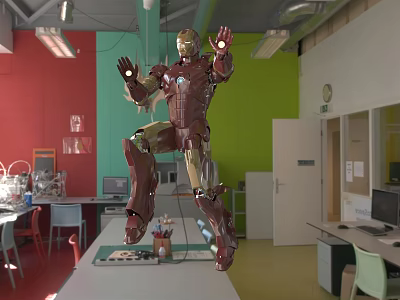 Iron Man Floating In Lab Environment With Glowing Armor And Tech Elements 3d model