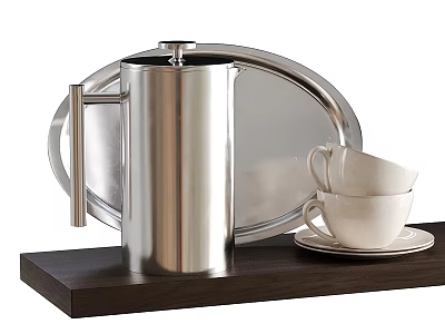 Stainless Steel Tea Set with Silver Tray White Teacups and Saucers on Dark Wooden Base 3d model