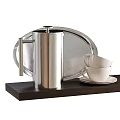 Stainless Steel Tea Set with Silver Tray White Teacups and Saucers on Dark Wooden Base