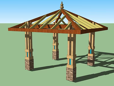 Outdoor Wooden Pavilion Structure With Stone Pillars And Decorative Roof Frame Design 3d model