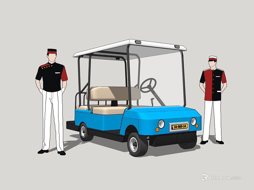 Blue Golf Cart With Uniformed Staff In Black Red Sleeve Shirts And White Pants 3d model 