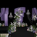 Elegant Banquet Hall With Purple Decor White Chairs Stage And Fresh Flowers