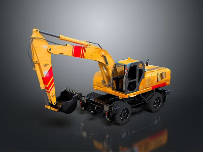 Construction Yellow Wheeled Excavator With Red Stripes Cab Bucket And Wheels 3d model