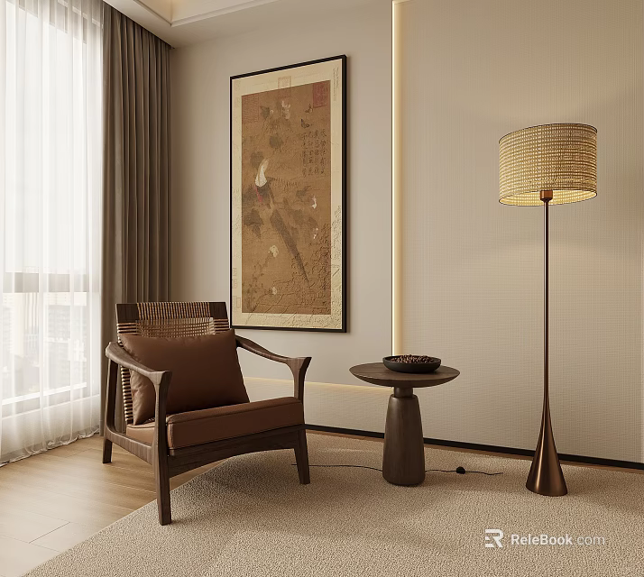 Cozy Living Room Interior With Brown Armchair Small Round Table Decorative Painting And Floor Lamp 3d model 