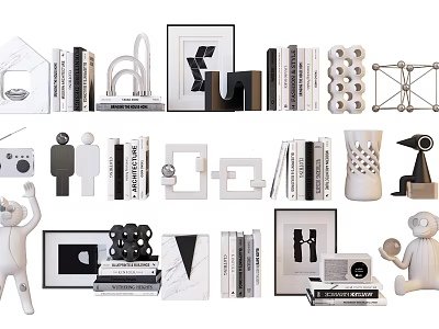 Modern Minimalist Black And White Decorative Ornament Set With Books Picture Frames And Geometric Sculptures 3d model