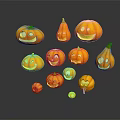 Cartoon Halloween Pumpkin Scene With Various Sizes Smiling Faces And Orange Reflections