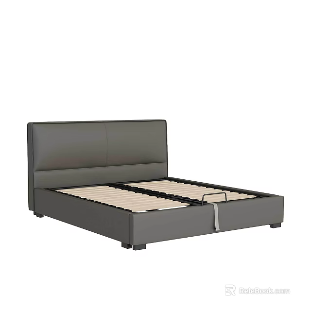 Modern Double Bed With Grey Leather Headboard And Wooden Slats Frame 3d model 