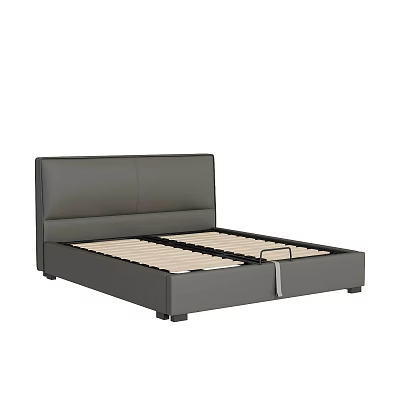 Modern Double Bed With Grey Leather Headboard And Wooden Slats Frame 3d model