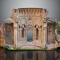 European Architectural Ruins Model with Arched Doorways Stone Columns and Climbing Vines