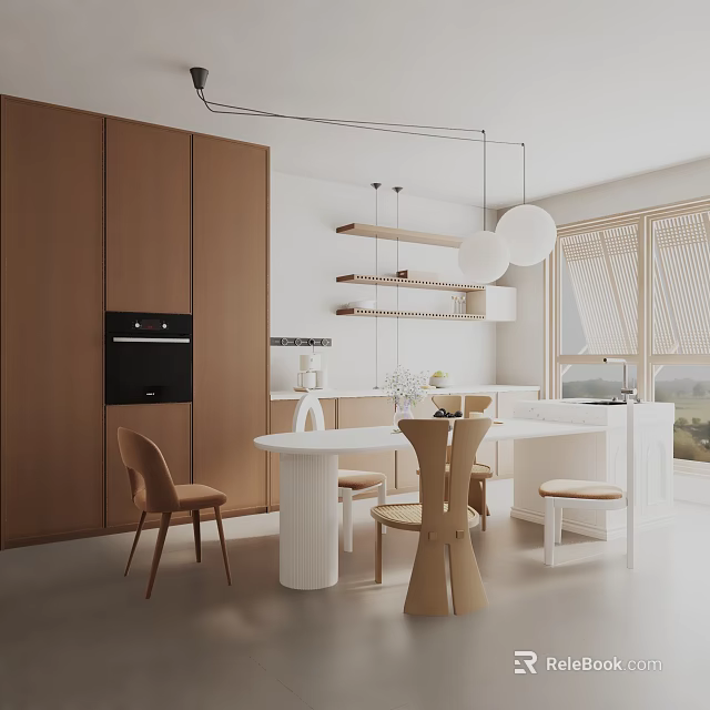 Minimalist Open Kitchen Dining Set With White Table Wooden Chairs Brown Cabinets And Pendant Lights 3d model 
