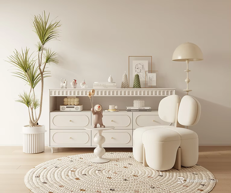 White Leisure Chair In Cozy Living Area With Woven Rug Palm Plant And Floor Lamp 3d model 