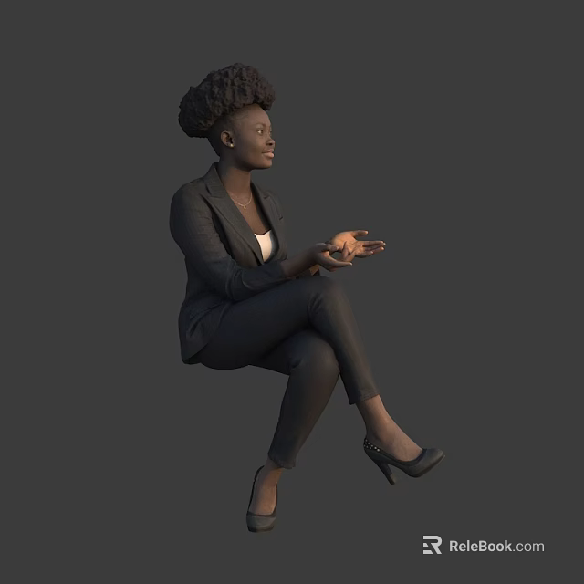 Confident Business Woman in Black Suit Sitting with Gesturing Hands and High Heels 3d model 