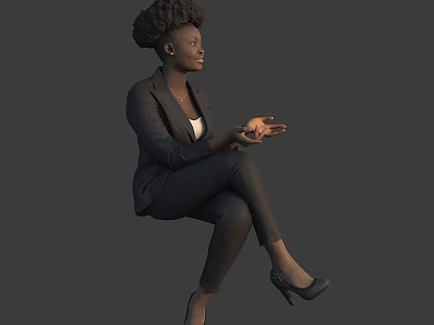 Confident Business Woman in Black Suit Sitting with Gesturing Hands and High Heels 3d model