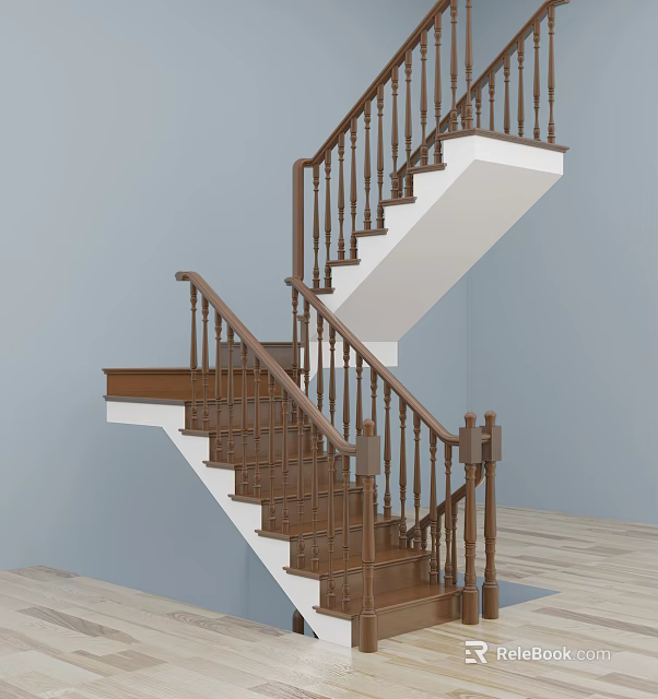 Wooden Staircase With Brown Handrail Balusters And Light Blue Wall Design 3d model 