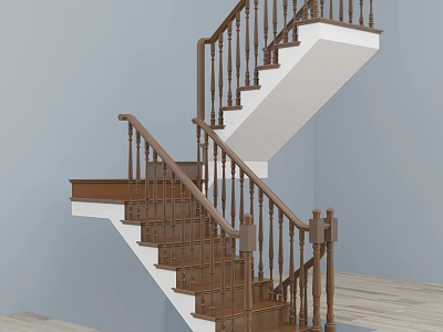 Wooden Staircase With Brown Handrail Balusters And Light Blue Wall Design 3d model