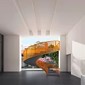 Modern Spiral Staircase With Orange Railing And Greenery View In Bright Interior