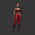 Woman In Red Bodysuit Holding Staff And Whip Against Gray Background