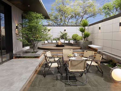 Stylish Courtyard Garden Design With Outdoor Dining Set Green Plants And Fire Pit 3d model