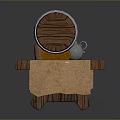 Wooden Bench With Cloth Featuring Wooden Barrel Silver Metal Hoops Small Bottles And Jar