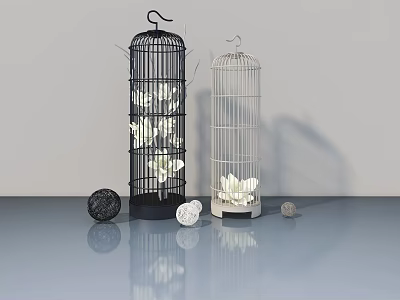 Black And White Birdcages With White Flowers And Spherical Ornaments On Gray Background With Reflections 3d model