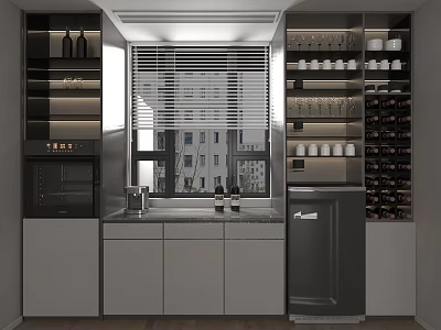 Modern Kitchen Interior With Wine Racks Appliances Countertop Window Blinds And Storage Cabinets 3d model