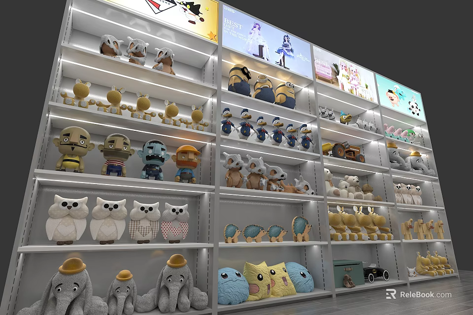 Illuminated Multi Tiered Display Shelves Showcasing Colorful Plush Toys And Stuffed Animal Designs 3d model 