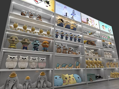 Illuminated Multi Tiered Display Shelves Showcasing Colorful Plush Toys And Stuffed Animal Designs 3d model