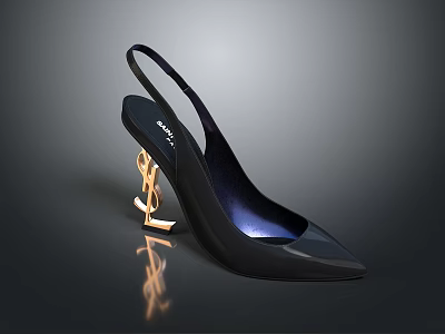Black Slingback High Heels With Gold YSL Logo And Pointed Toe Design 3d model
