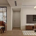Living And Dining Room Interior With Beige Sofa Black White Geometric Rug Rocking Chair Chandelier