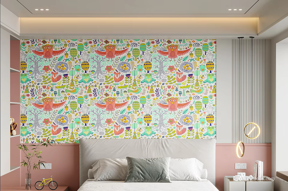 Vibrant Bedroom Featuring Colorful Cartoon Patterned Wall With Pink Accents And Bedside Decor 3d model 